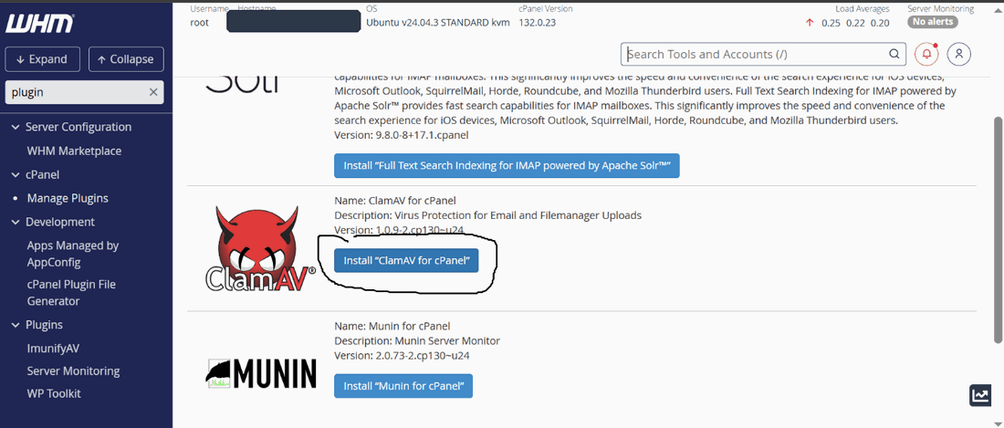 Figure 6 — Installing the ClamAV antivirus scanner from WHM’s plugin manager.