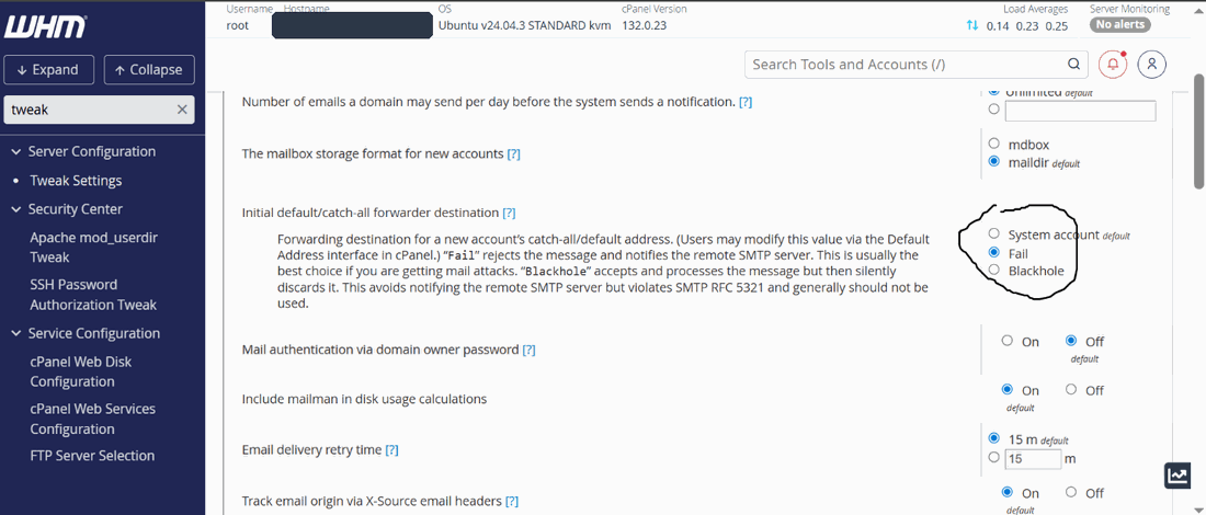 Figure 8 — Telling the server to reject undeliverable mail and fail immediately, rather than discard or queue it.
