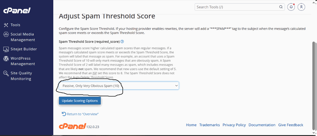Figure 3 — Setting the spam threshold to 10 so genuine mail is never lost to false positives.