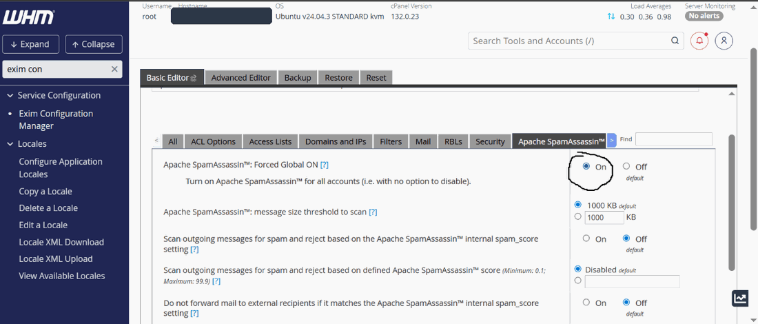 Figure 2 — WHM: turning Apache SpamAssassin on for the entire server.