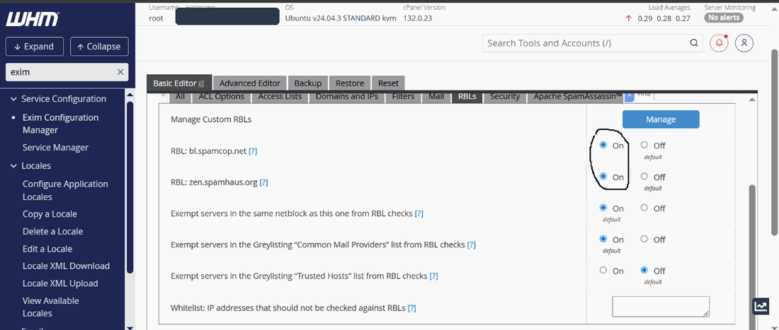Figure 4 — Enabling the Spamhaus and SpamCop blocklists in WHM.