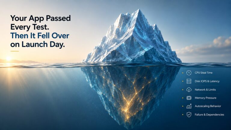 Iceberg diagram: an app that passed every test, with CPU steal time, disk IOPS, network limits, memory pressure, autoscaling and dependency failures hidden below the waterline