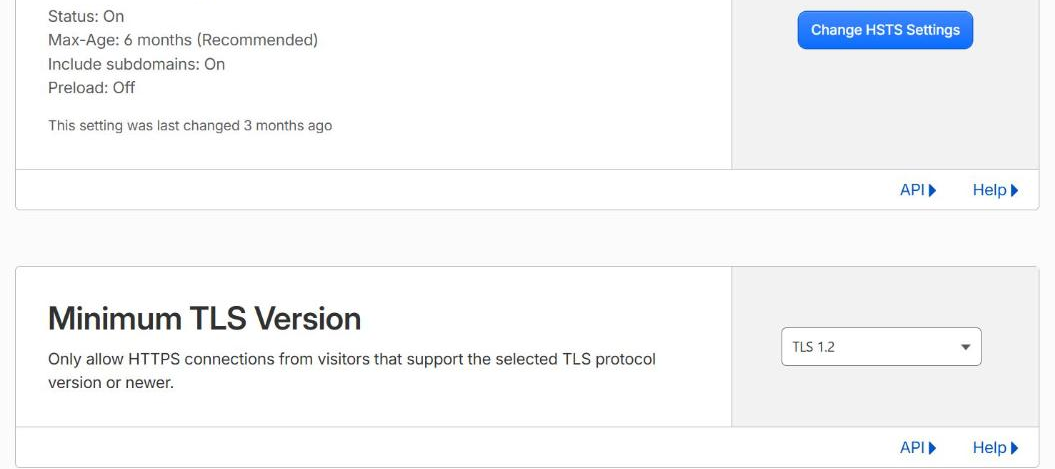 Edge Certificates: HSTS on with a 6-month max-age and subdomains included, preload off, and the minimum TLS version set to 1.2.