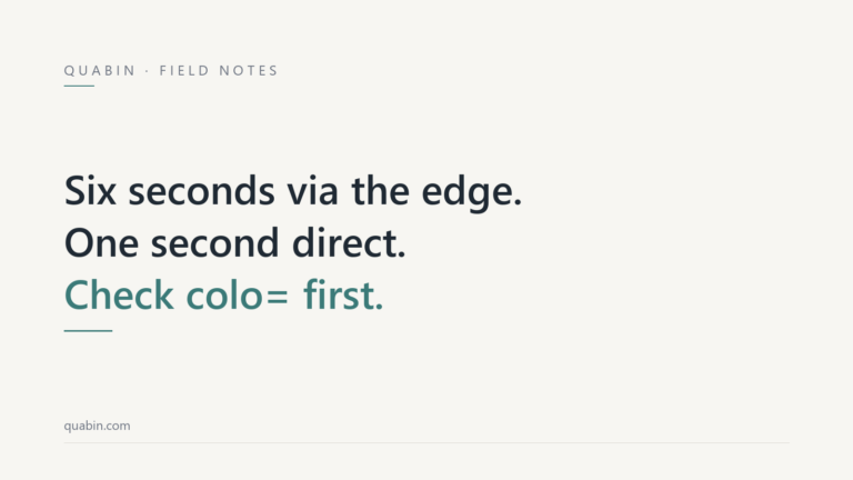Minimal off-white title card reading six seconds via the edge, one second direct, check colo= first, with a thin teal rule.