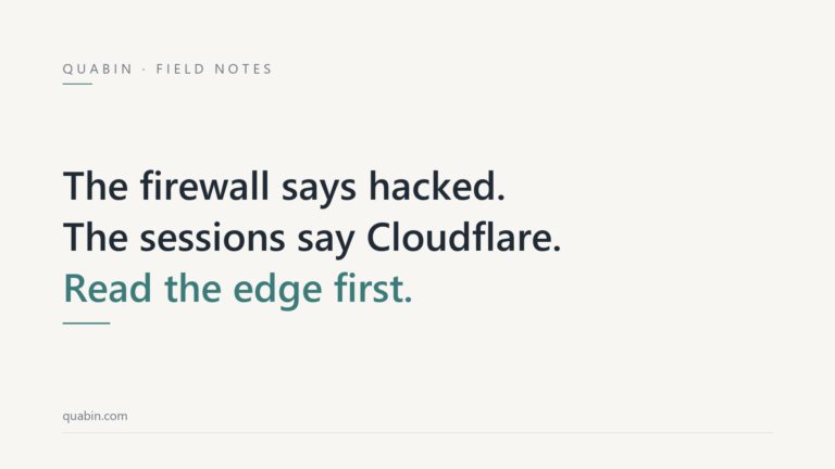 Minimal off-white title card reading the firewall says hacked, the sessions say Cloudflare, read the edge first, with a thin teal rule.