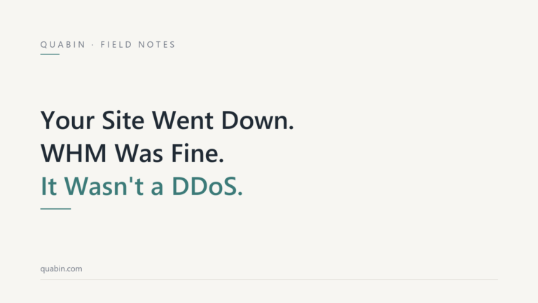 Three lines of text on an off-white ground: Your site went down. WHM was fine. It wasn't a DDoS.
