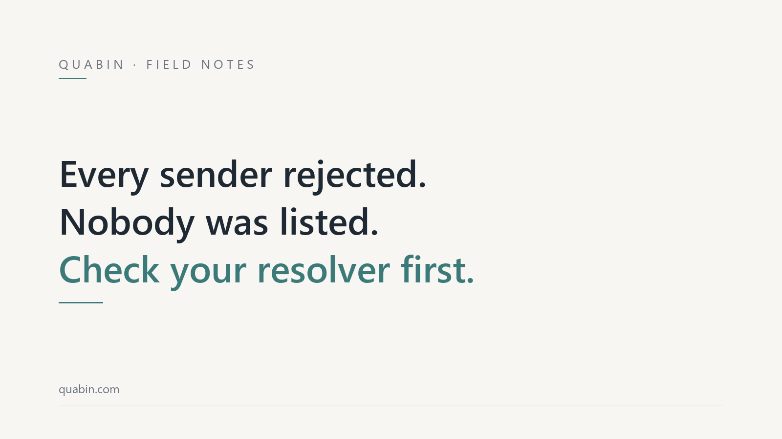 Minimal off-white title card reading every sender rejected, nobody was listed, check your resolver first, with a thin teal rule.