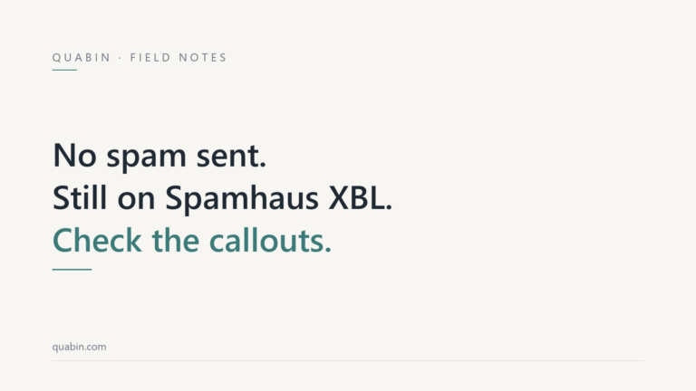 Minimal off-white title card reading no spam sent, still on Spamhaus XBL, check the callouts, with a thin teal rule.