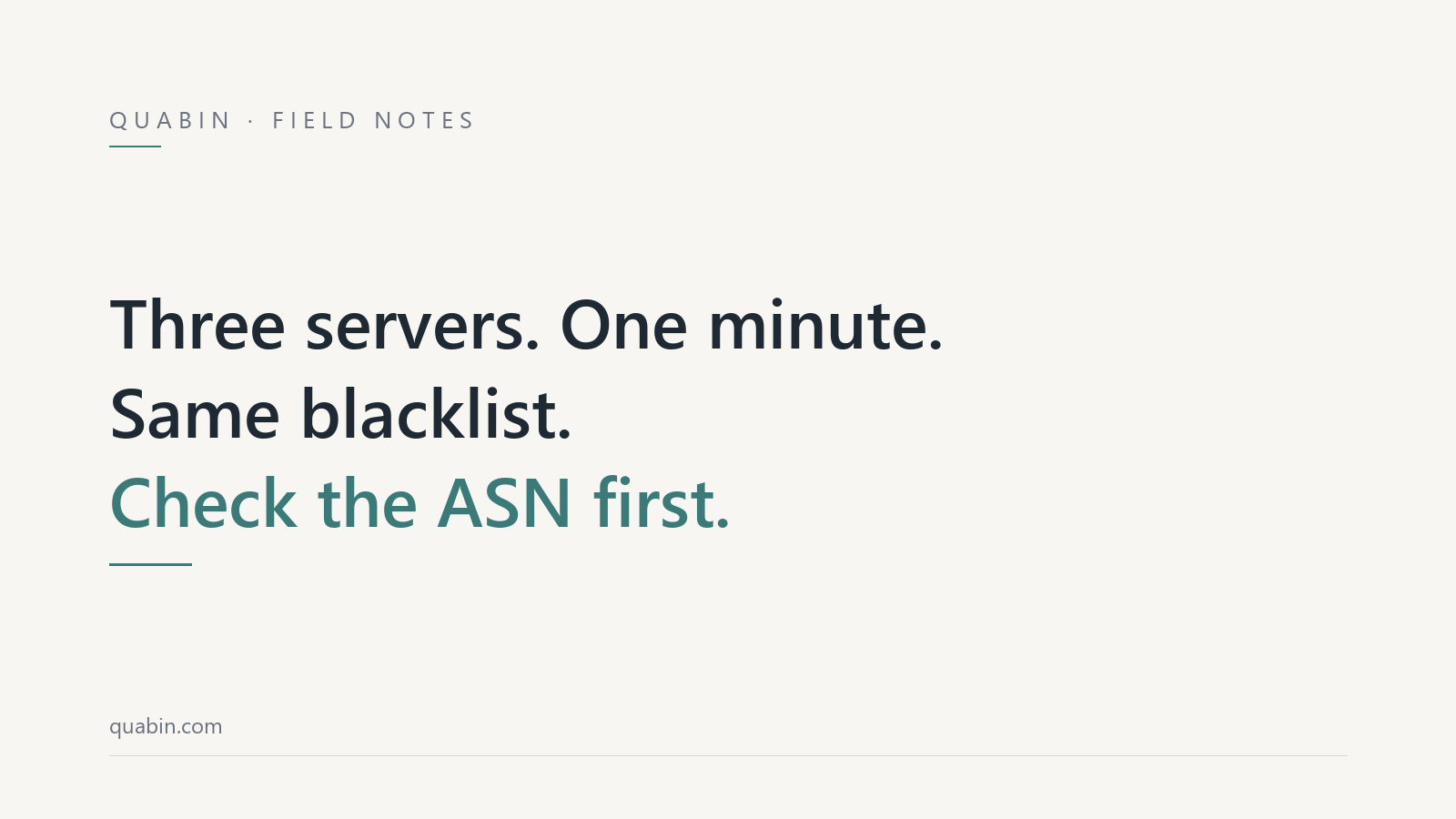 Minimal off-white title card reading three servers, one minute, same blacklist, check the ASN first, with a thin teal rule.