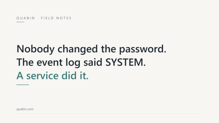 Minimal off-white title card reading nobody changed the password, the event log said SYSTEM, a service did it, with a thin teal rule.